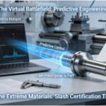 A lab workstation showing a laptop with side-by-side windows: a digital twin FEA model of an Inconel part showing thermal stress, and a live vibration spectrum. A data stream connects this virtual setup to a physical, flawlessly machined part with a passed certification report, visualizing predictive control over extreme materials.