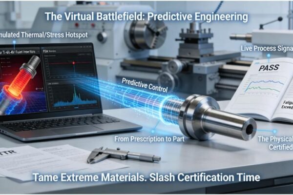 A lab workstation showing a laptop with side-by-side windows: a digital twin FEA model of an Inconel part showing thermal stress, and a live vibration spectrum. A data stream connects this virtual setup to a physical, flawlessly machined part with a passed certification report, visualizing predictive control over extreme materials.