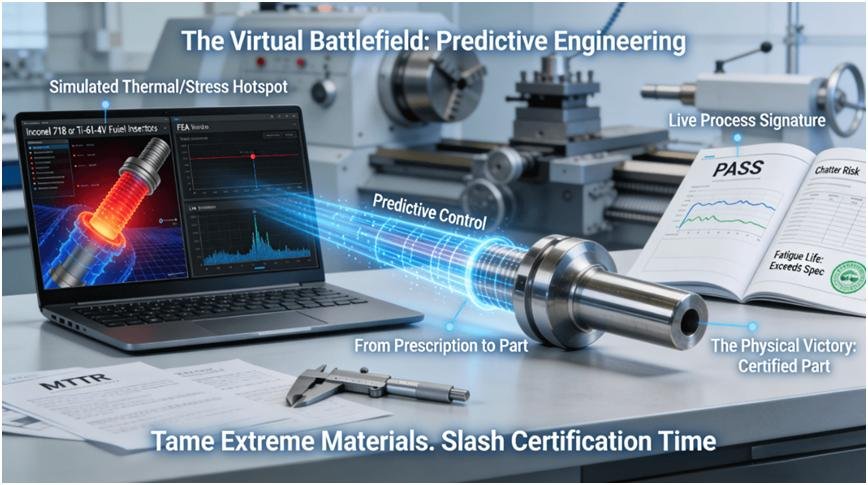 A lab workstation showing a laptop with side-by-side windows: a digital twin FEA model of an Inconel part showing thermal stress, and a live vibration spectrum. A data stream connects this virtual setup to a physical, flawlessly machined part with a passed certification report, visualizing predictive control over extreme materials.